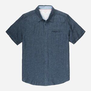 Public Beach Indigo Linen Blend Short Sleeve Shirt Contrasting Inner Placket